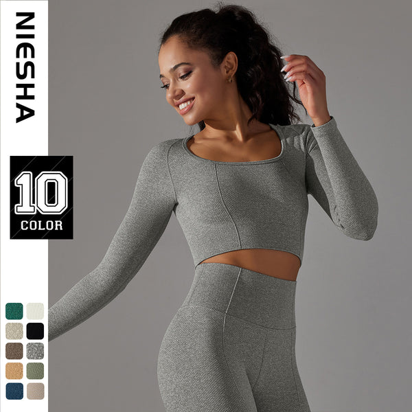 Cross-border, European and American seamless knitted long-sleeved low-neck sports T-shirt fitness quick-drying breathable running yoga clothes women's top