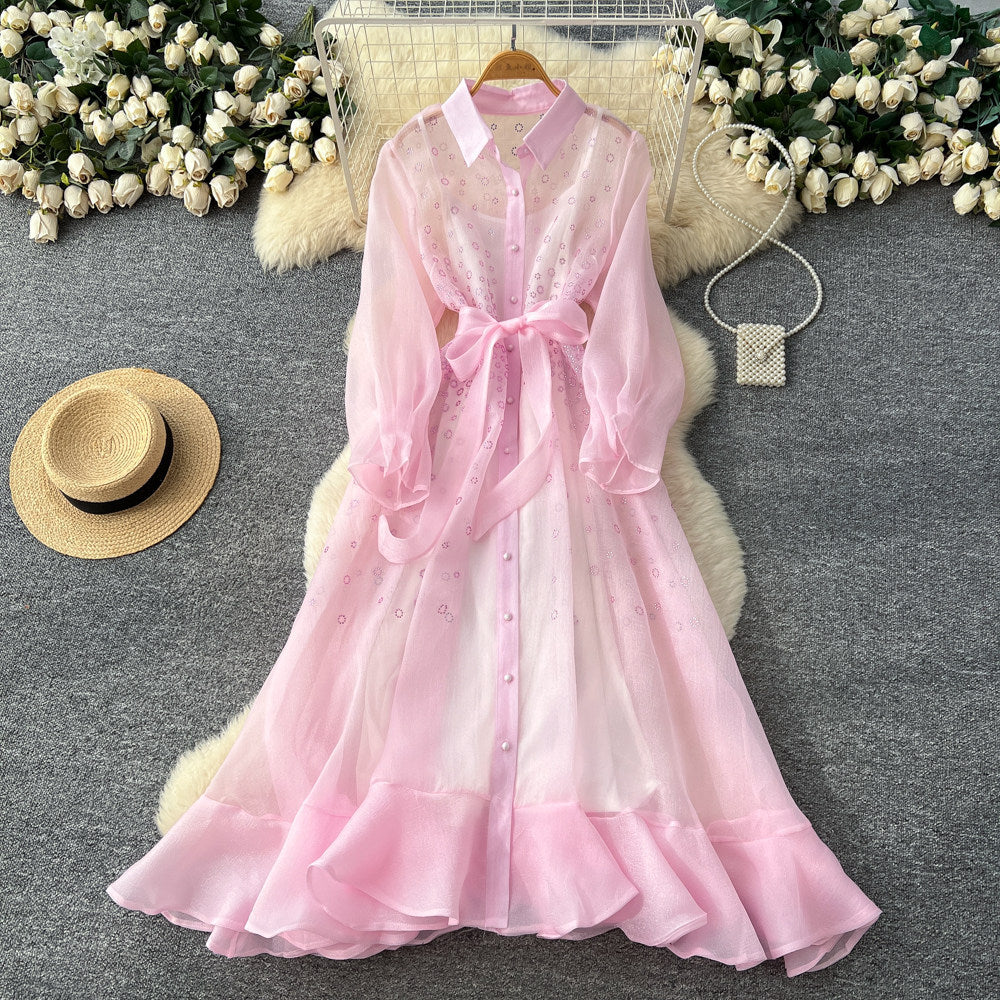 Korean style light luxury long sleeve lantern sleeve mesh dress women's summer tie-waist a-line elegant maxi dress for work