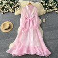 Korean style light luxury long sleeve lantern sleeve mesh dress women's summer tie-waist a-line elegant maxi dress for work