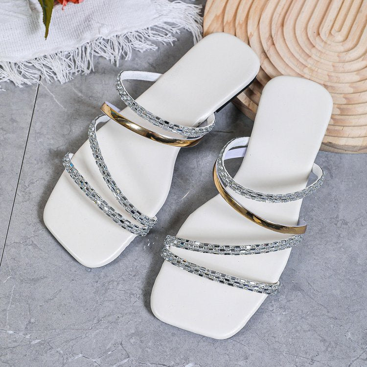 Chunky heel square toe rhinestone thong sandals - women's  summer new arrival - unique silver high-end roman style outdoor wear