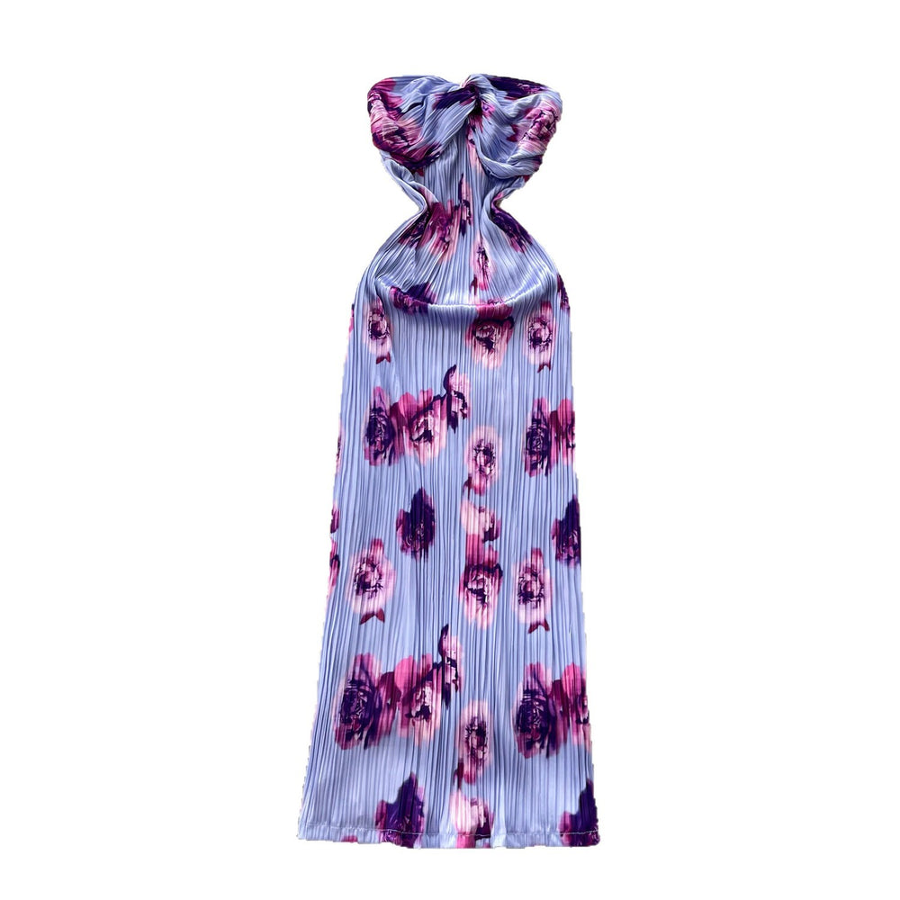 French riviera style purple floral print bandeau dress - women's summer sleeveless high-waisted a-line dress - sexy & chic outfit