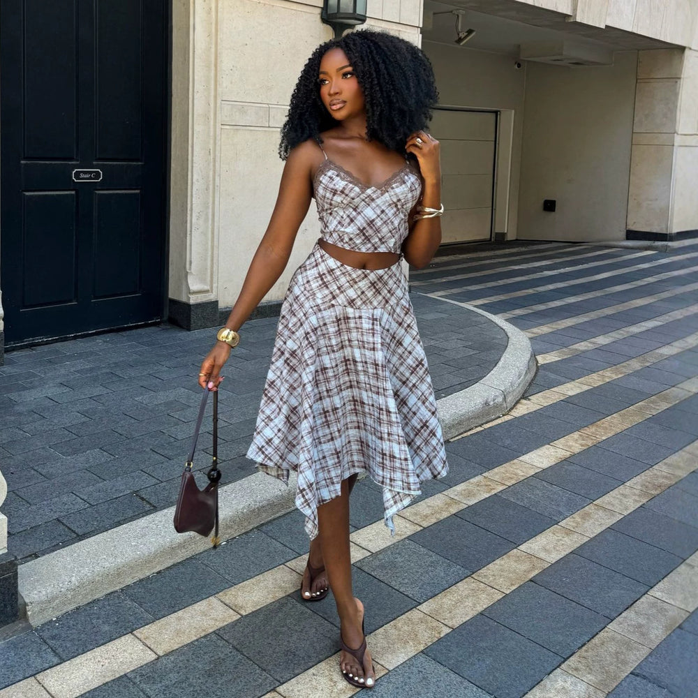 European and american cross-border women's fashion:  summer new collection - chic and elegant plaid cami top with asymmetrical midi skirt set