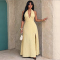 fashion women's deep v neck sleeveless tie back backless silm slit textured retro long skirt