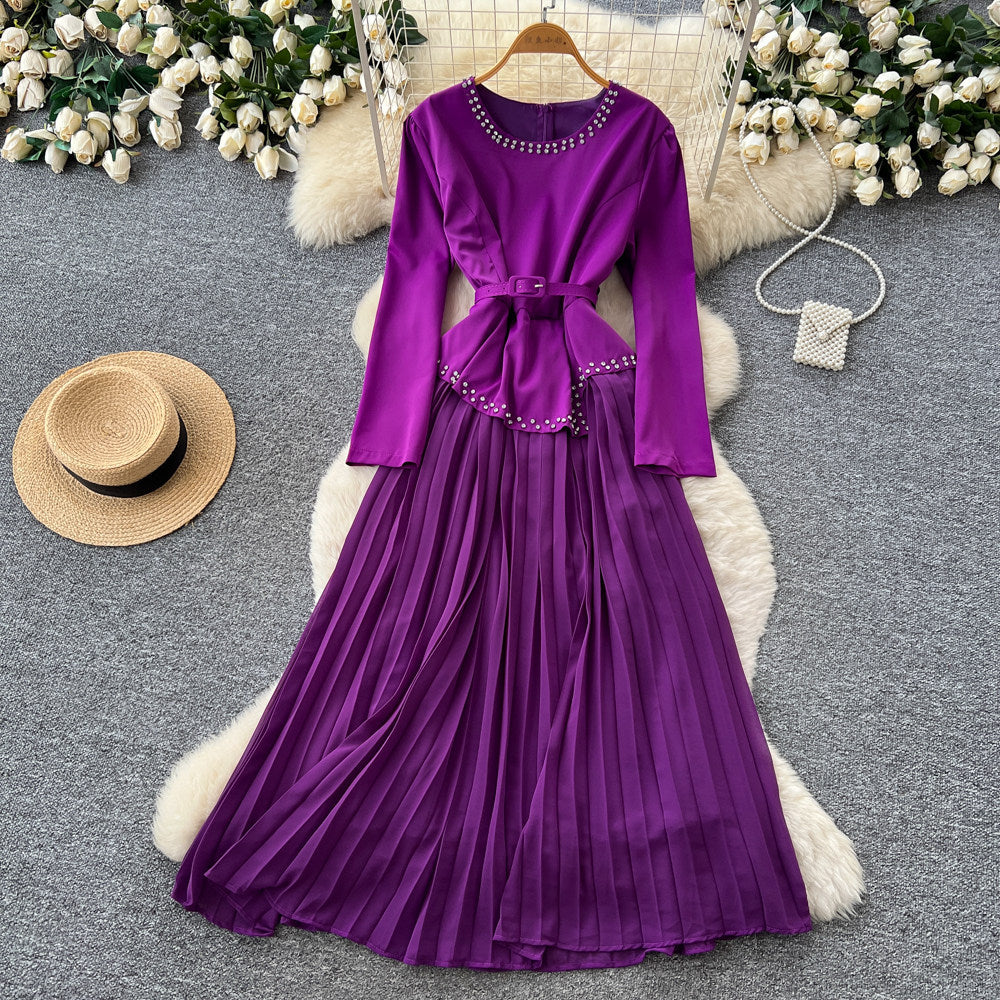 Korean style red long-sleeved a-line bodycon dress - women's spring/summer commute-friendly, slimming, pleated maxi skirt