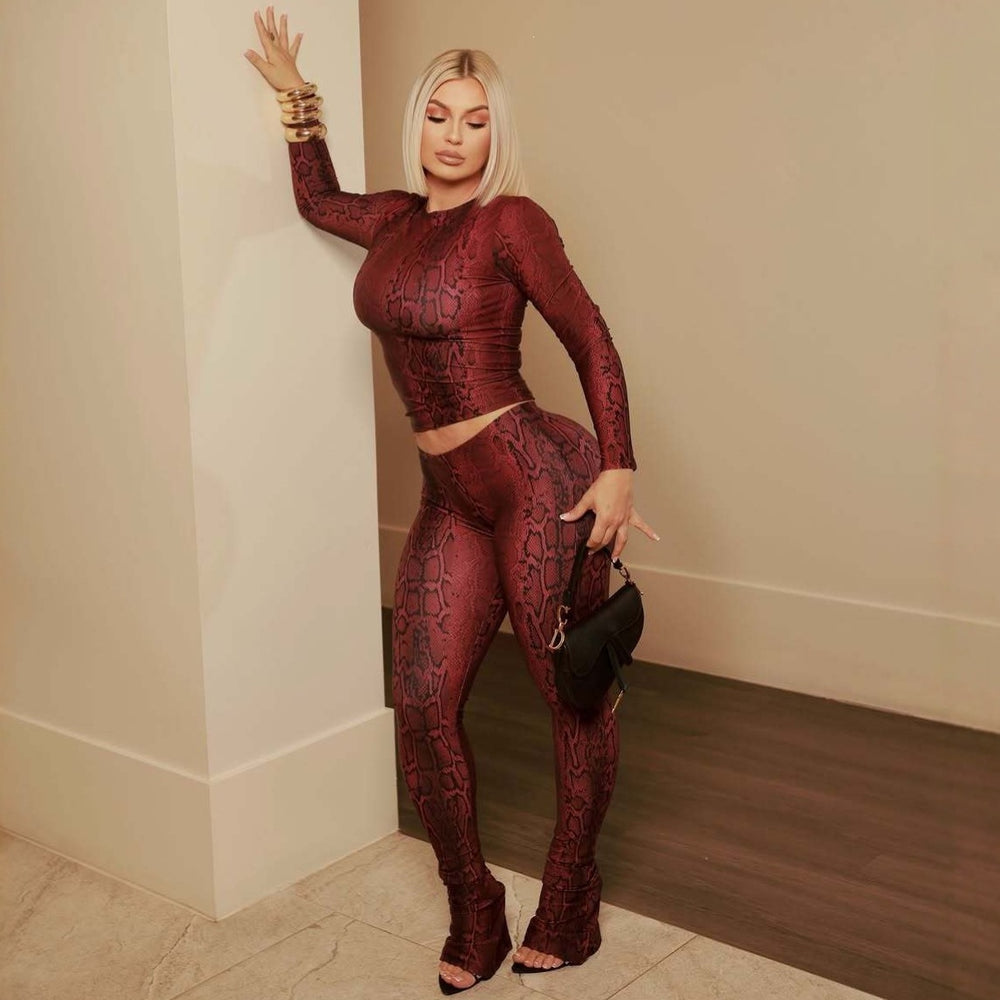 European and american new arrival cross-border fashion trendy snake print slim fit sexy sporty hot long sleeve top and pants set
