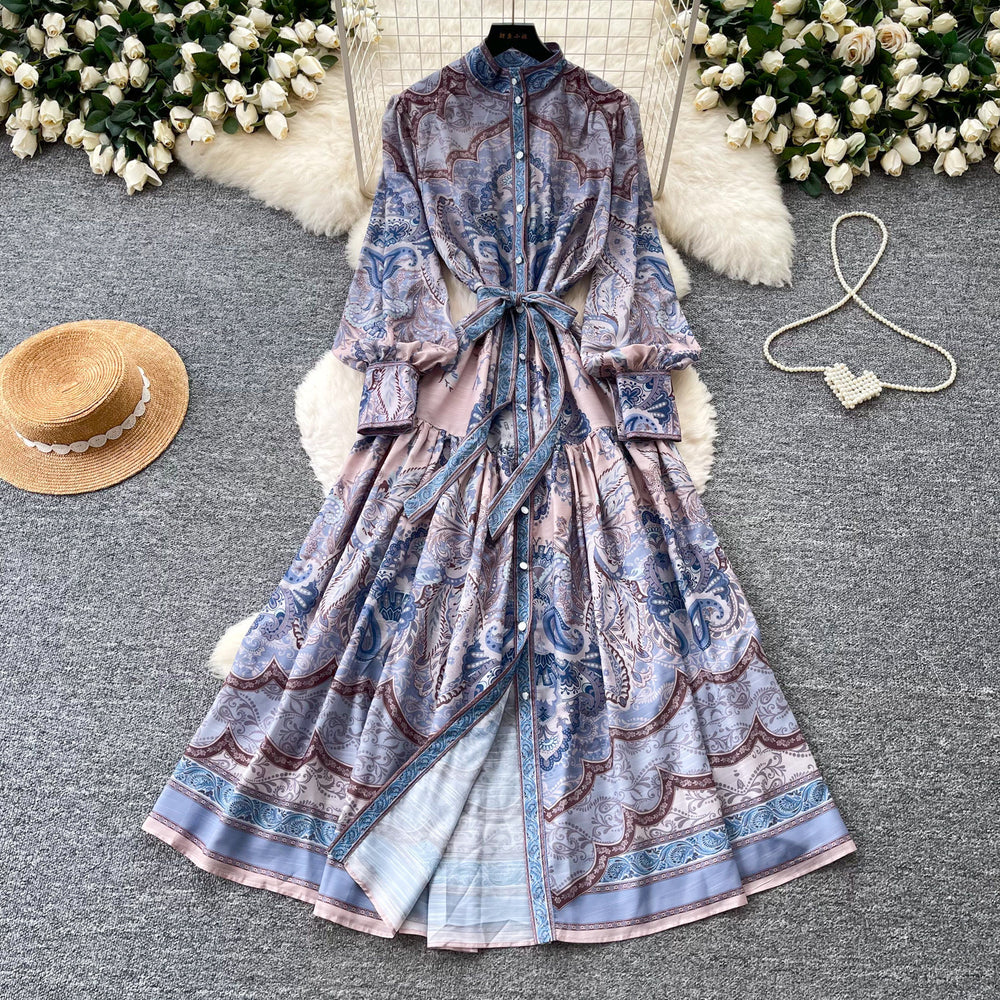 French retro print lantern sleeve dress - women's autumn korean style tie-waist slimming a-line maxi dress - commute friendly