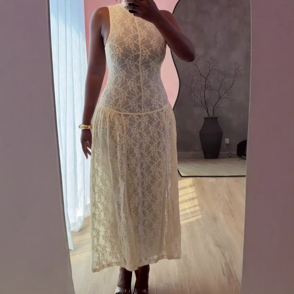 European and american cross-border women's clothing:  summer new arrivals - sweet & elegant mock neck slim-fit lace midi dress