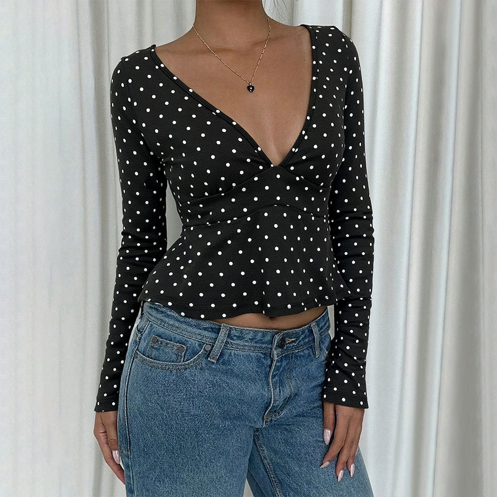 Polka dot v-neck fitted long sleeve t-shirt - women's chic & sexy slimming base layer top - cross-border exclusive
