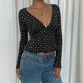 Polka dot v-neck fitted long sleeve t-shirt - women's chic & sexy slimming base layer top - cross-border exclusive
