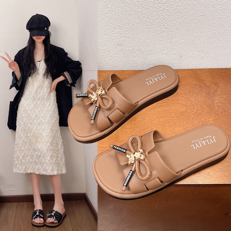2026 new french retro sandals & slippers - women's summer outdoor wear, high-end bow accent, versatile one-strap sandals