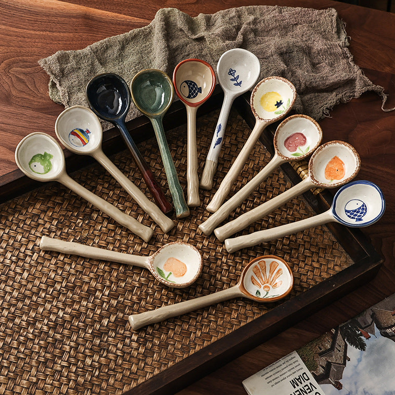 Japanese-style stoneware creative coffee spoon dessert spoon - cute, high-value, long-handled spoon for restaurants and home use - perfect for serving soup and eating