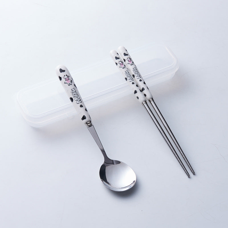 Portable storage cutlery set - cute cow design stainless steel children's dinnerware set: fork, spoon, and chopsticks