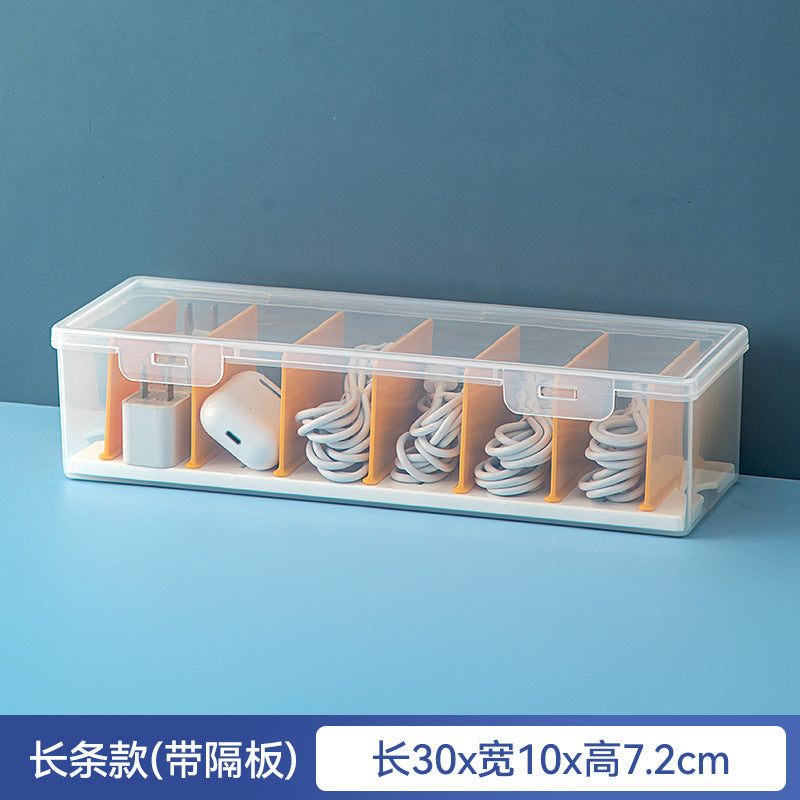Desktop long rectangular storage box with lid grid transparent storage box flip plastic data cable storage box