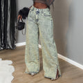 Fashionjeans women's high waist acid washed distressed slit wide leg pants cross-border retroloosemop denim women's pants