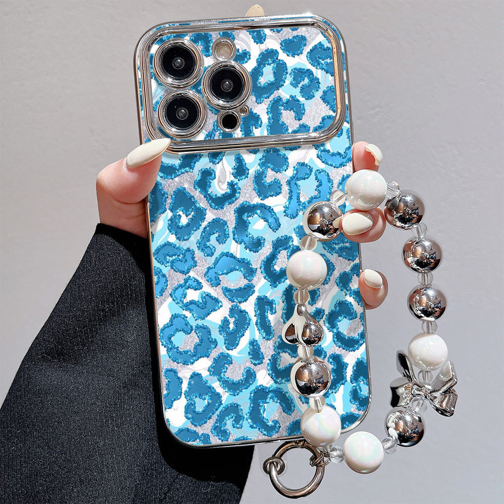 Suitable for iphone 16 glitter leopard print mobile phone case apple 17 with bead hanging chain classy all-inclusive soft case