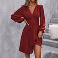 Fall and winternew arrival slanted collar lantern sleeve pleated waist dress