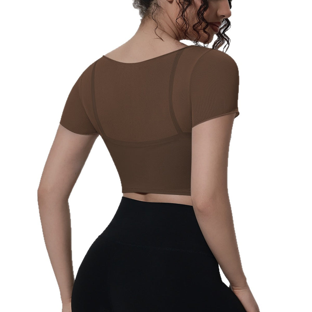 Fake two-piece mesh sports short-sleeved t-shirt for women with chest pad and navel-baring topsoutwear yoga quick-drying slimming look fitness clothes