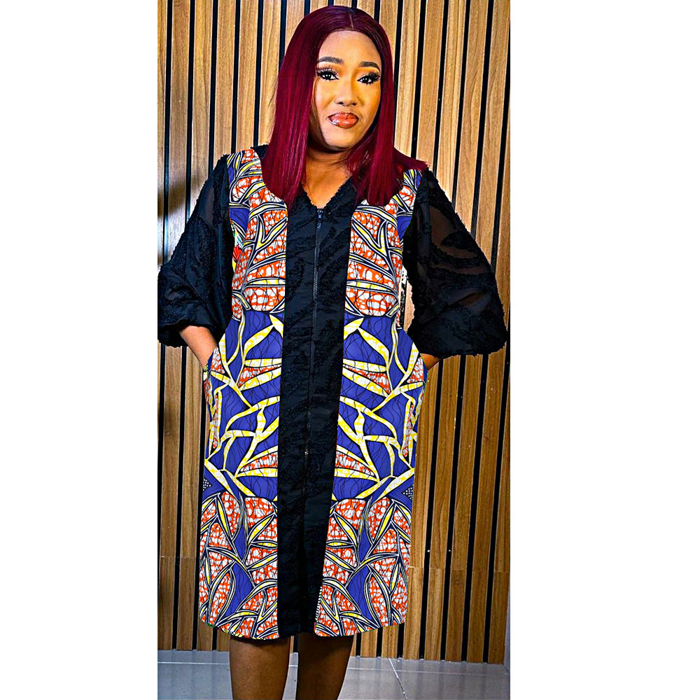 e-commerce   new zipper dress wax fabric with pockets african women's plus size skirt