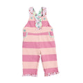 Original girls' spring/autumn pink striped overalls with floral print, mint green lace trim, soft, comfortable, and sweet long pants