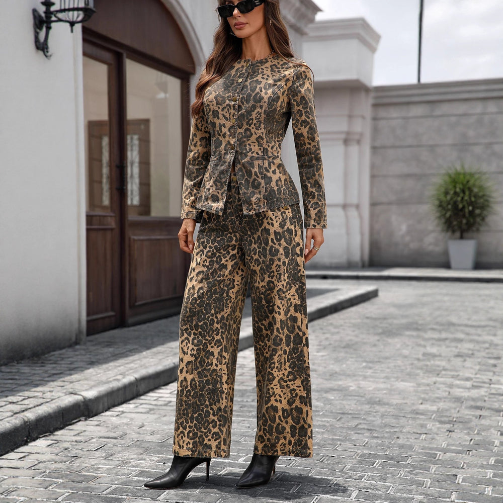 Fashion cross-border foreign trade  independent station new arrival washed leopard print fashionelegance denim long-sleeved topssuit