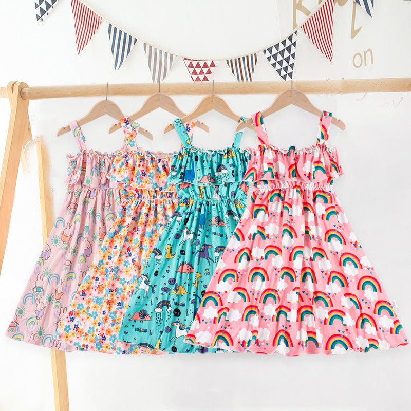 new arrival: girls' milk silk dress for export - summer fashionable off-the-shoulder one-shoulder printed dress