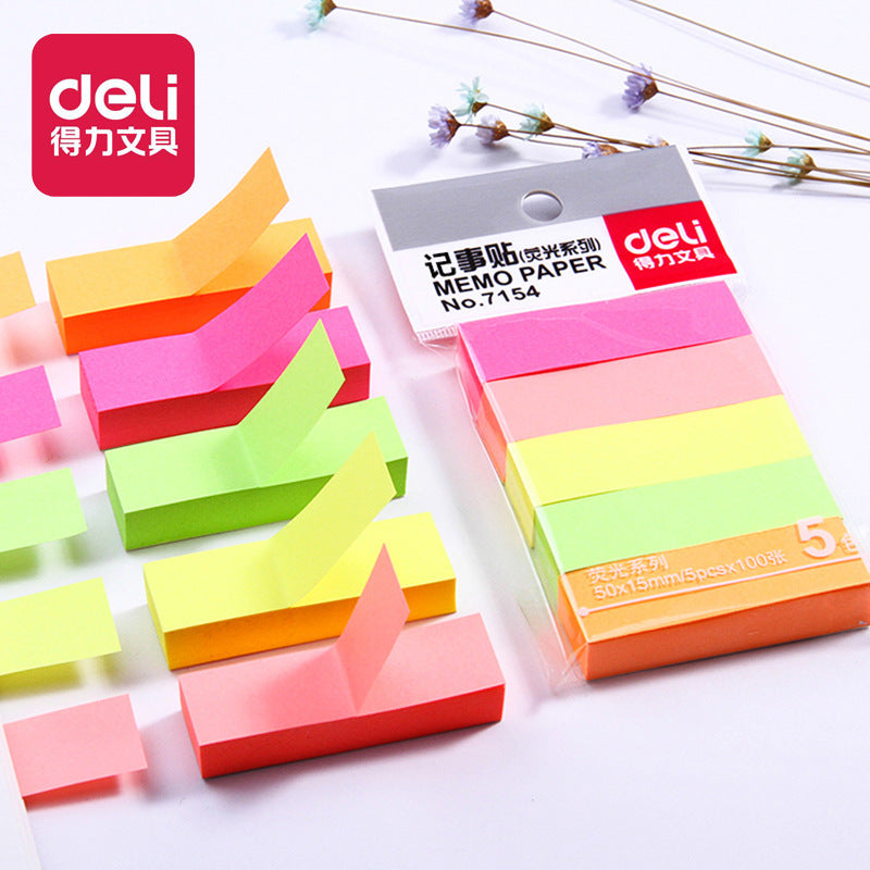 Deli 7154 fluorescent sticky note sticker, note sticker N times sticky note paper, color notice sticker 5-color random sticker wholesale
