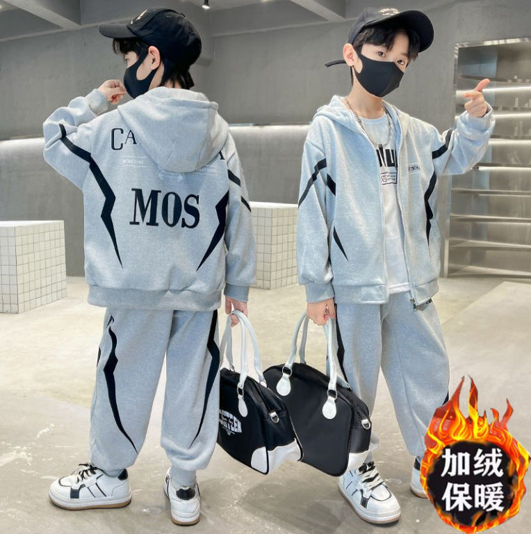Fall and winternew arrivalkidsoutwearfleece-linedheattech hooded sweatshirt sweatpants suit small and medium-sized boys casual sports suit