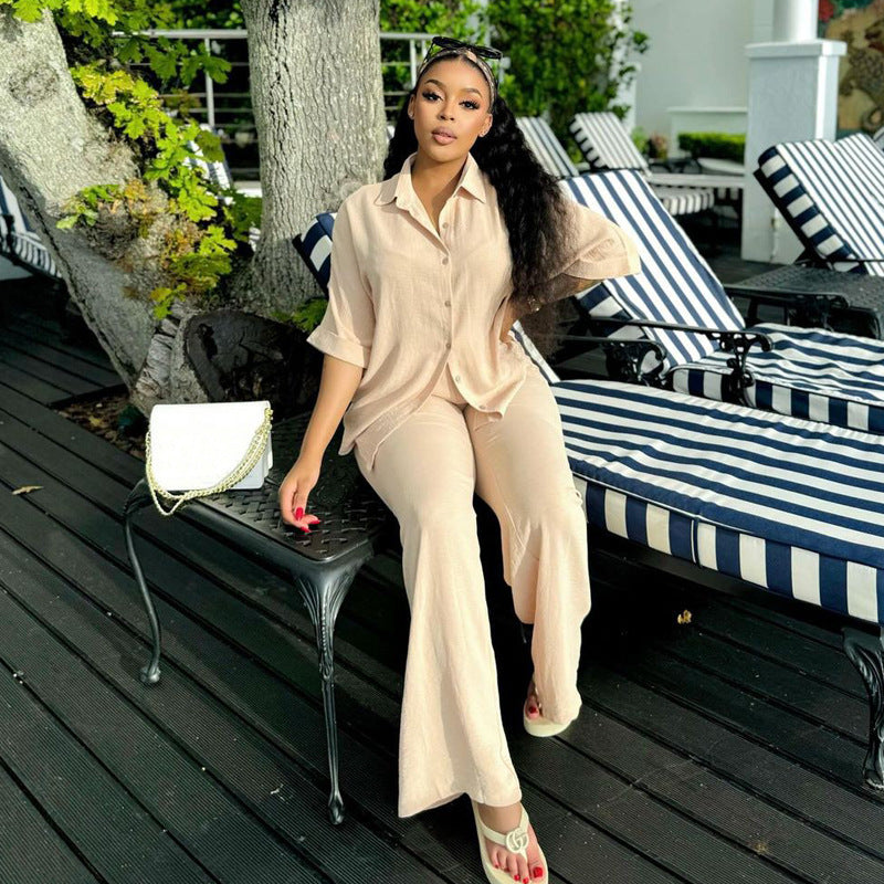 Cross-border Africa  Fashion Casual Loose Short Sleeve Shirt Cardigan Pants Set Women's Two-piece Set Women's