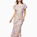 2025 spring new arrival: cross-border luxury round neck embroidered 3d floral puff sleeve midi bodycon dress