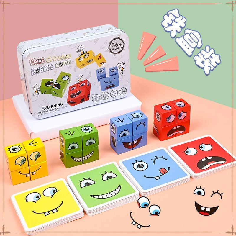 Face cube building block children's space thinking early education board game parent-child interactive game smiley wooden hot toy