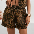 European and american cross-border summer women's clothing new  independent station washed leopard print bow suit vest shorts