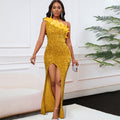 D525  cross-border new fashion elegant asymmetrical neckline high-waisted slit maxi dress sequin gown
