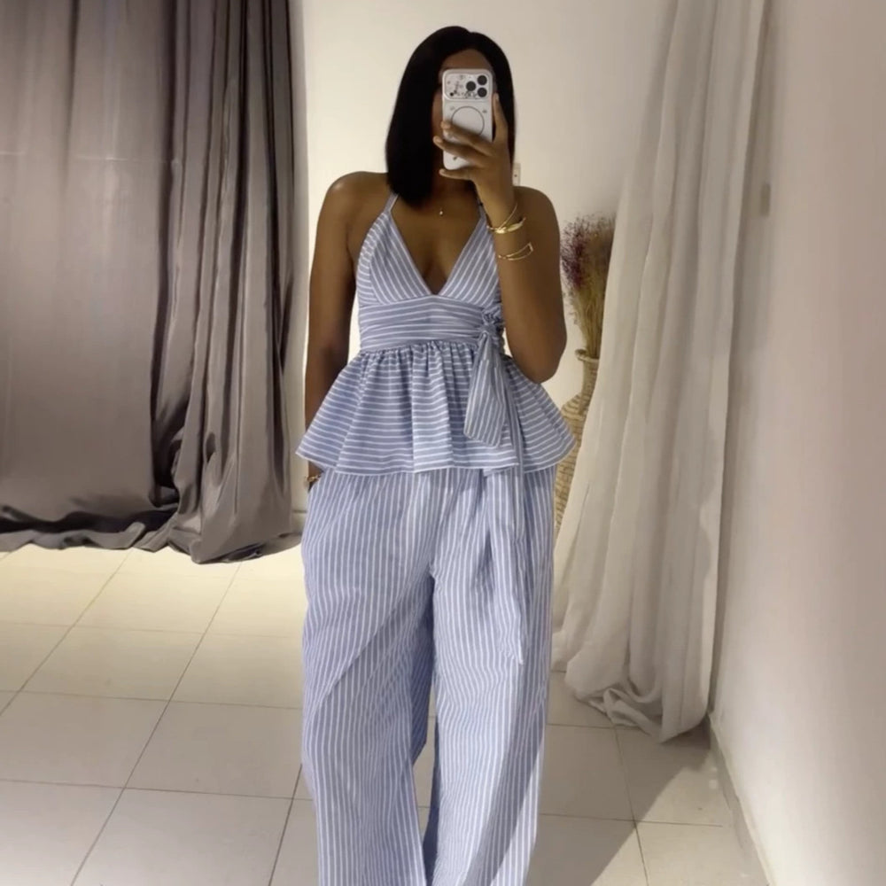 European and american women's clothing  autumn new collection: sweet and fresh striped camisole top with high-waisted straight-leg pants casual set