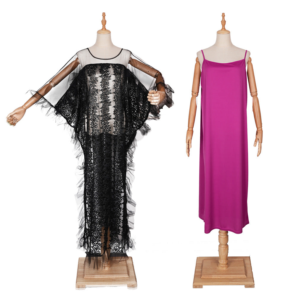 Fashion cross-border foreign trade  mesh patchwork dress african plus size women's suspender skirt two-piece setin stock