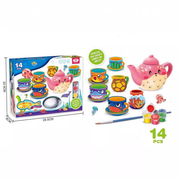 Cross-border South East Asia  children's simulation playhouse ceramic toys, creative DIY painted graffiti tea set gifts
