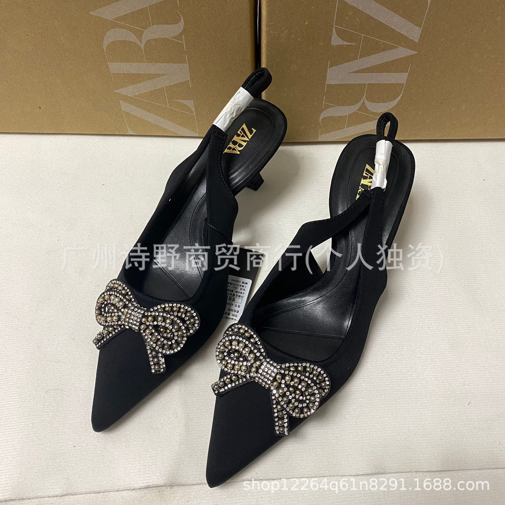 Za2022new arrival sandals women's high heels pointed toe back strap bows rhinestone chain bright decoration stiletto flats women's shoes