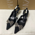 Za2022new arrival sandals women's high heels pointed toe back strap bows rhinestone chain bright decoration stiletto flats women's shoes