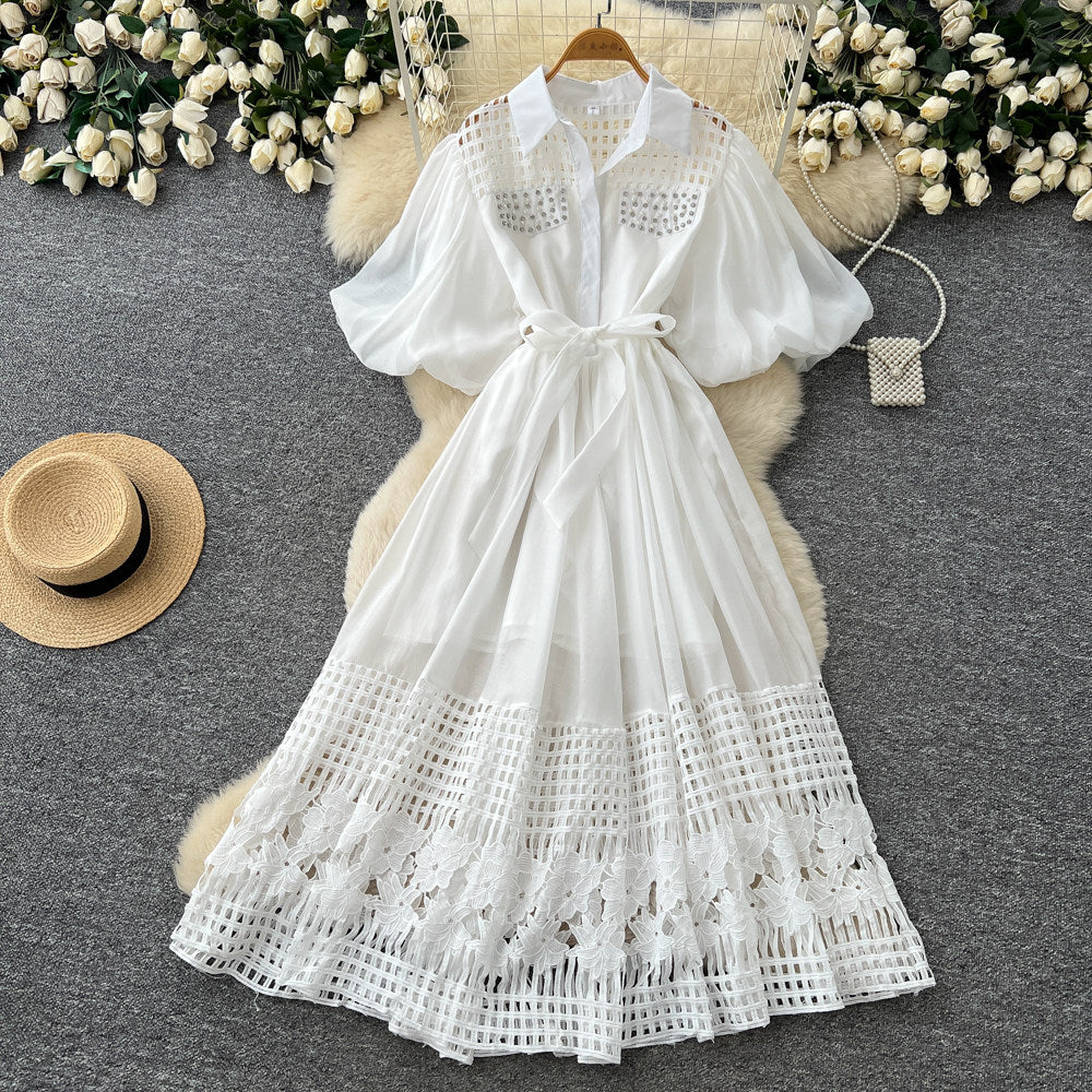 new yellow hollow-out lace-up short sleeve dress - women's summer korean style french chic elegant a-line dress