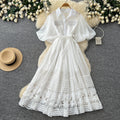 new yellow hollow-out lace-up short sleeve dress - women's summer korean style french chic elegant a-line dress