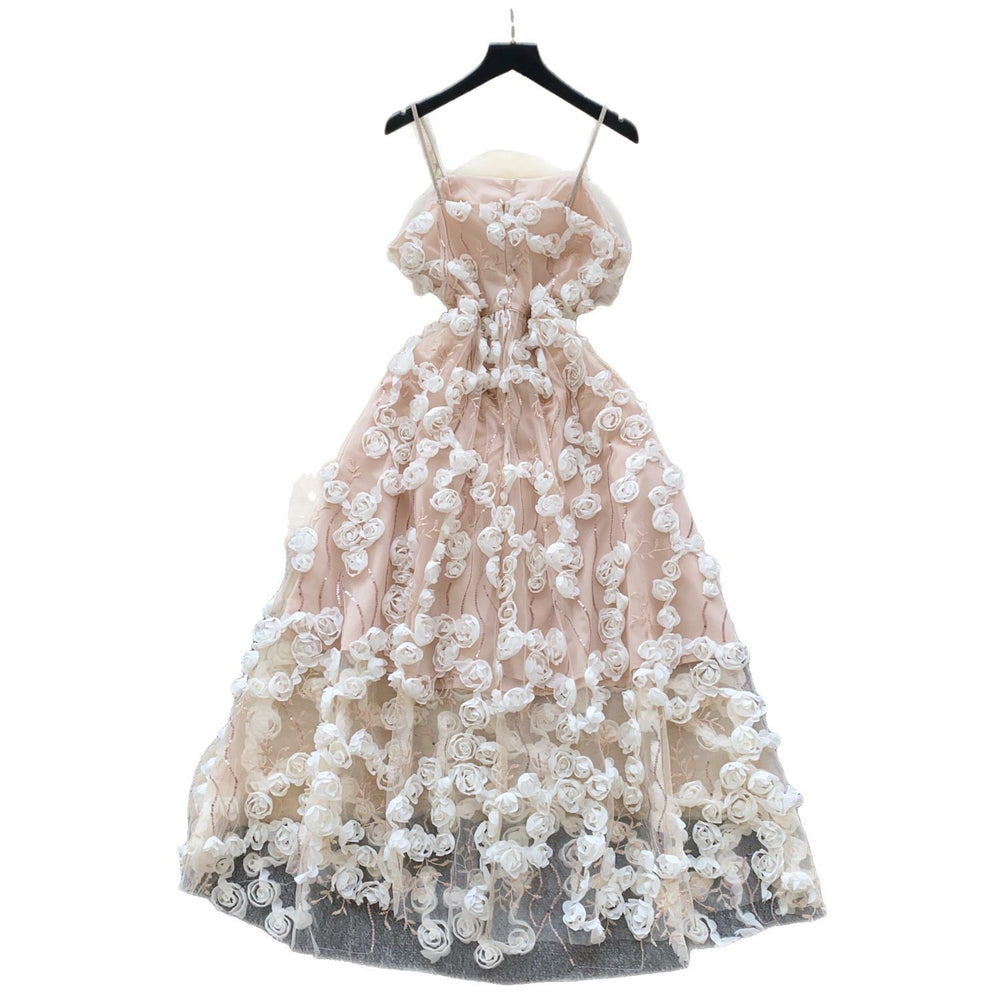 Evening gown high-end women's dress 2025 spring french sequin 3d floral waist-cinching spaghetti strap mesh dress