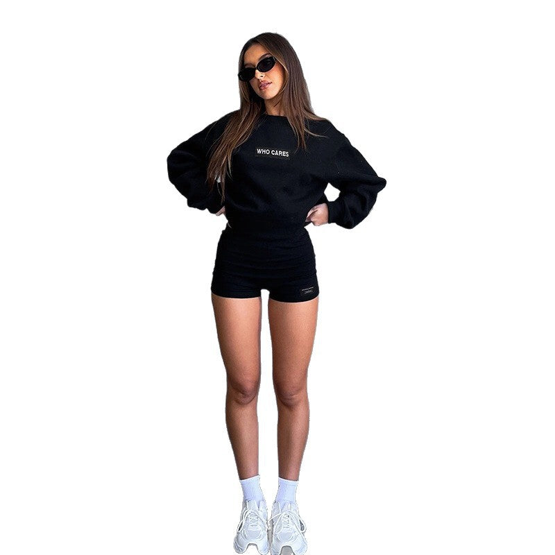 European and american cross-border women's fashion:  early summer new arrival - solid color long sleeve crew neck loose top and bodycon shorts two-piece set