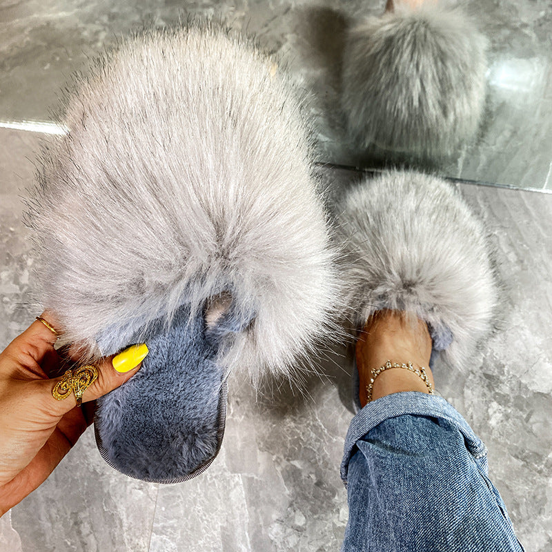 2024fall and winter imitation fox fur k-style baotouflats slippers popular same style outwear fur half slippers for women wholesale