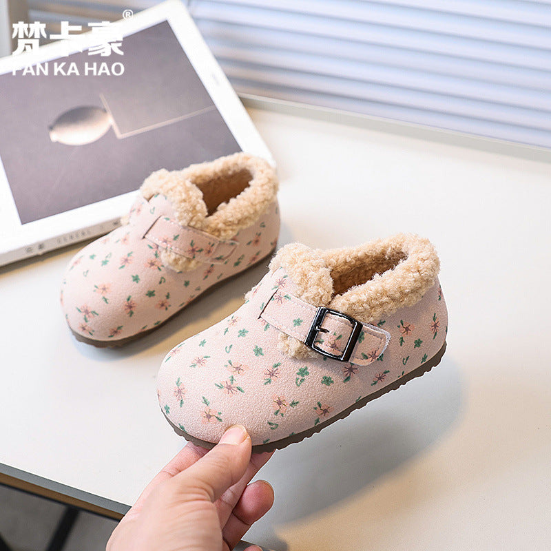 Vancahao  winter new children's fleece-lined thickened cotton shoes, baby soft sole birkenstock-style shoes, korean style first walker shoes