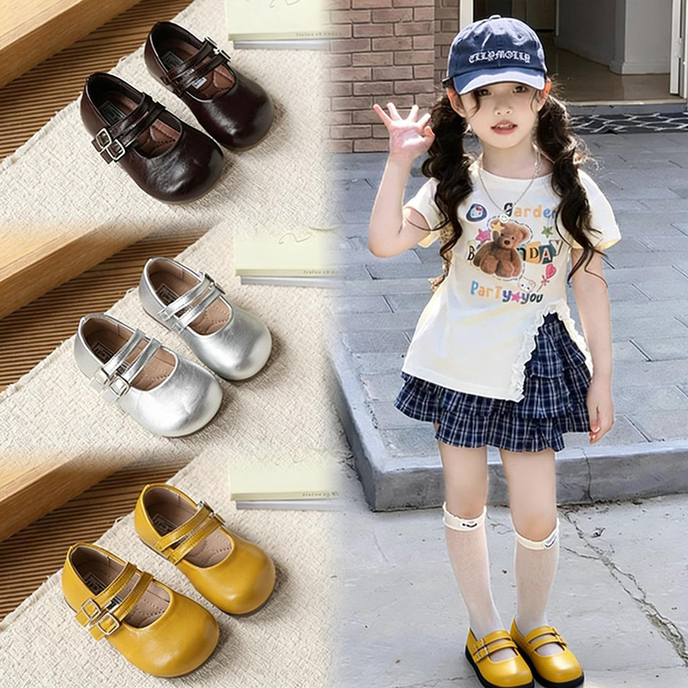 Girls' retro mary jane flats - new fashionable double-breasted versatile children's shoes - velcro soft sole leather shoes