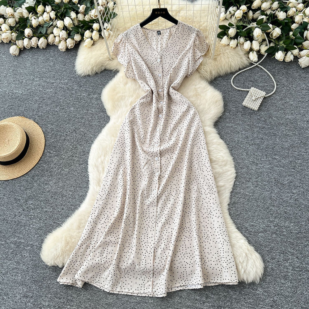 French retro v-neck flutter sleeve fitted waist dress - women's 2025 summer slimming elegant single-breasted floral maxi dress