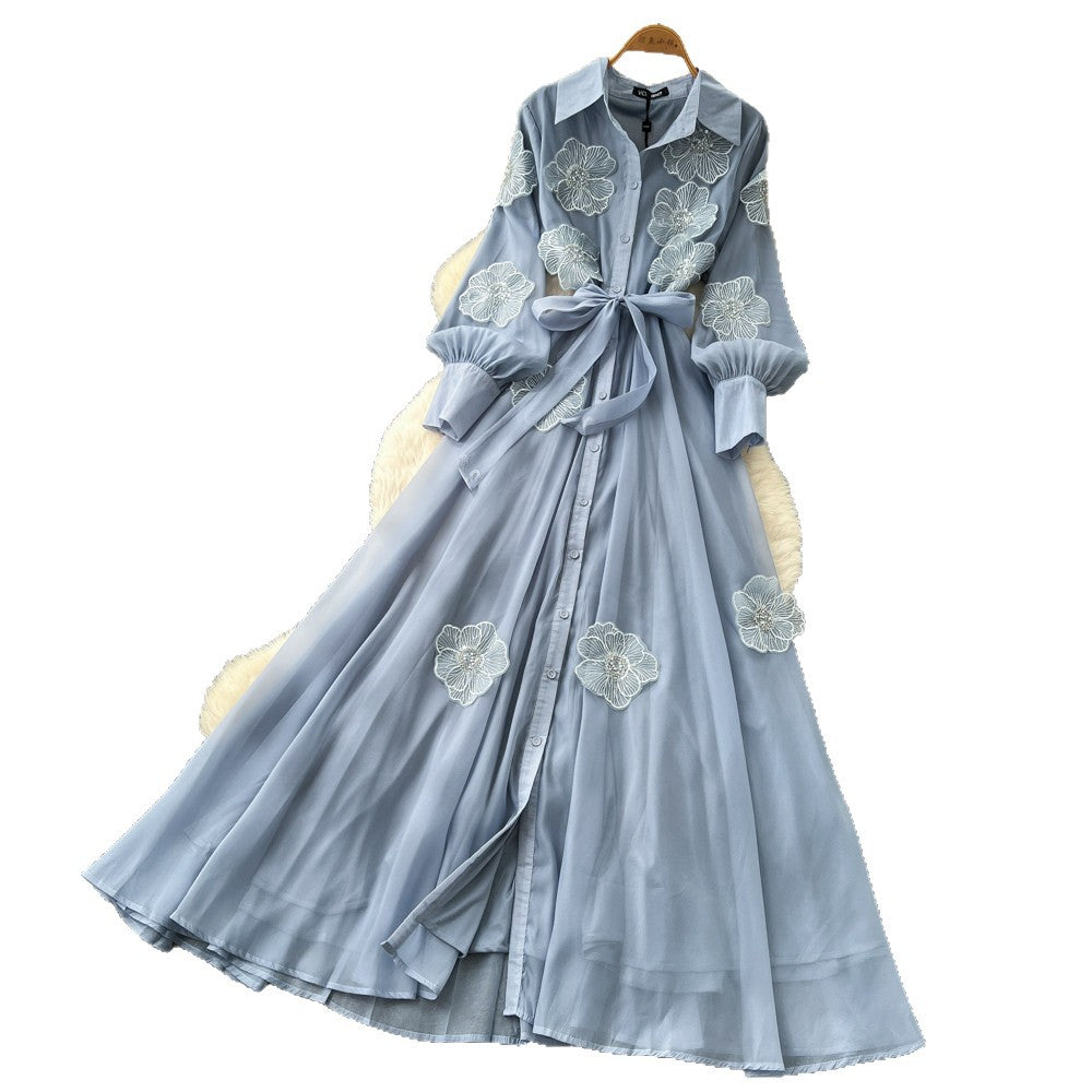 Frenchelegant heavy industry flower embroiderlong sleevesdress women's summerk-style strap waist slimming lookelegant long skirt
