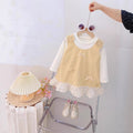 Baby girl autumn chic bowknot tank top faux two-piece dress,  new korean style lace trim dress for girls