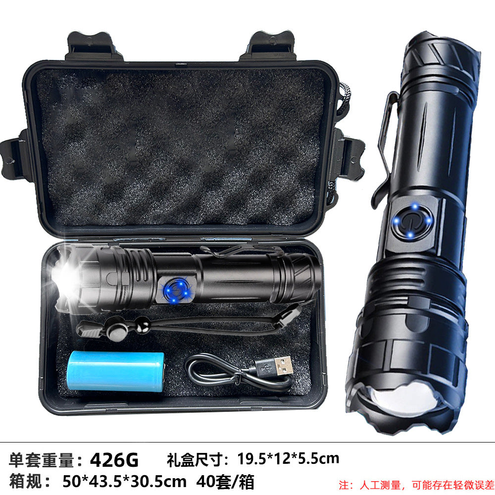 Cross-border explosive strong light flashlight type-c charging outdoor super bright remote light telescopic zoom flashlight wholesale