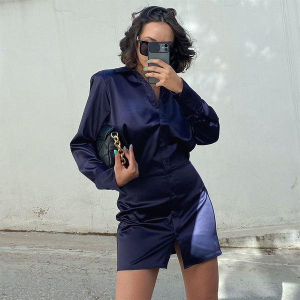 Summer European and American fashion blue satin hip skirt women's professional commuting waist long-sleeved dress shirt skirt women's clothing