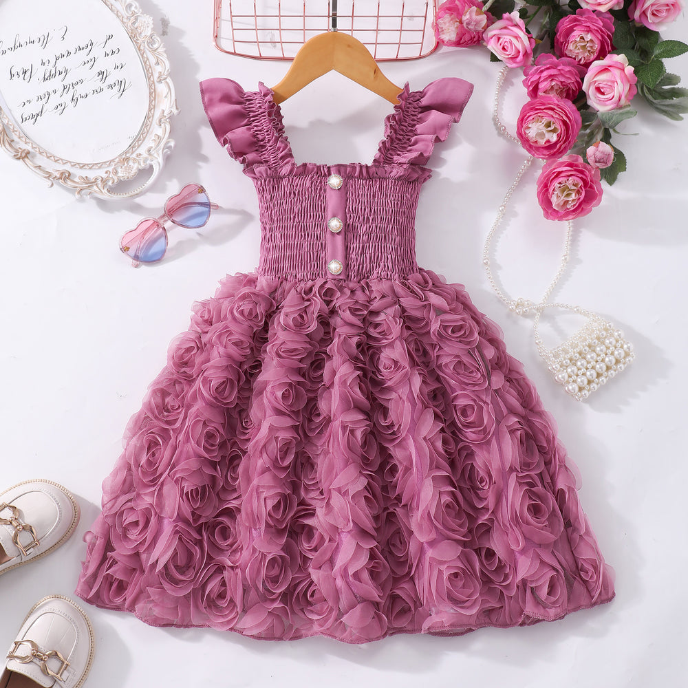 Girls' (toddler) dress, summer solid color flutter sleeve 3d rose ruched dress
